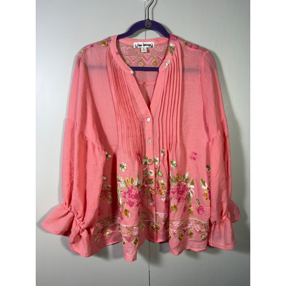 Hope Springs Floral Cottagecore Peasant Boho Flowy Sheer Blouse Pink L Coastal
